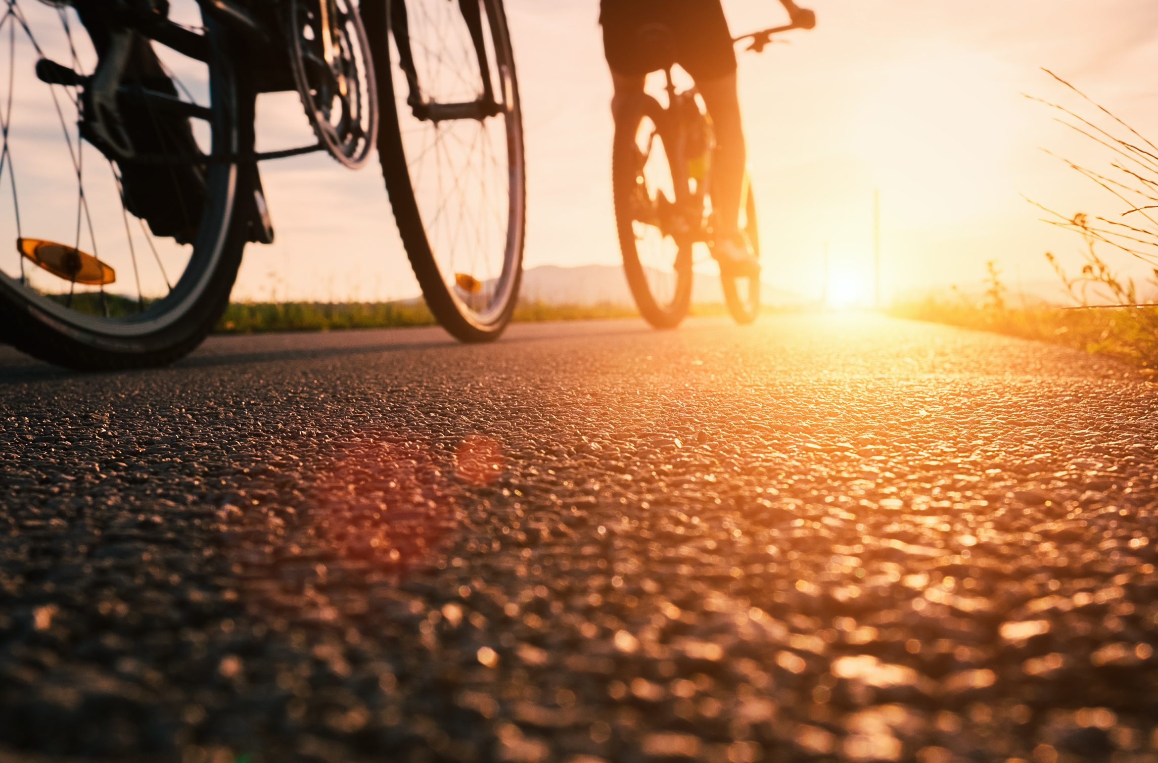 Bike wheels riding into the sunset